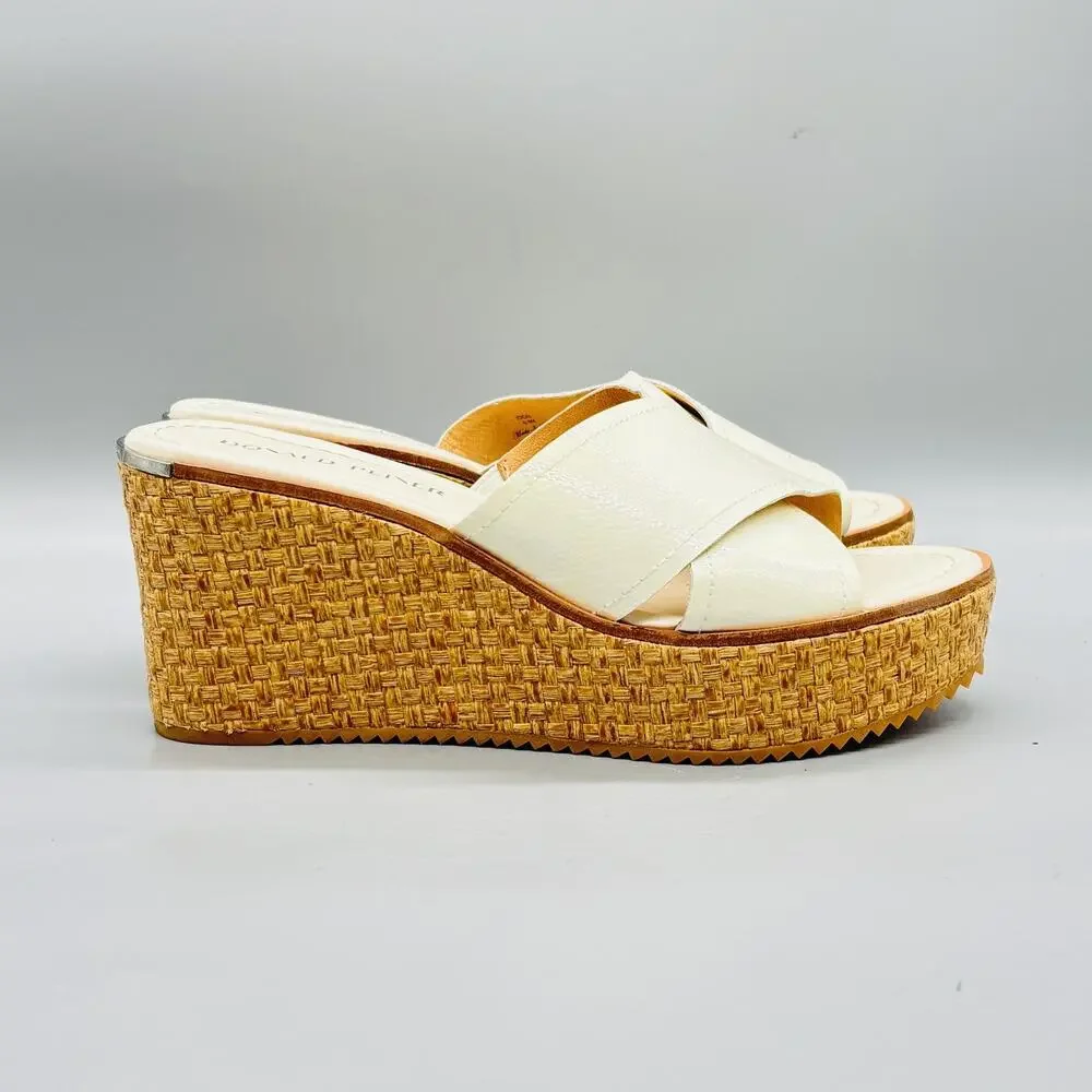 Donald Pliner Sandals Womens 9.5 White Leather Ideal Rattan Wedge Platform Shoes